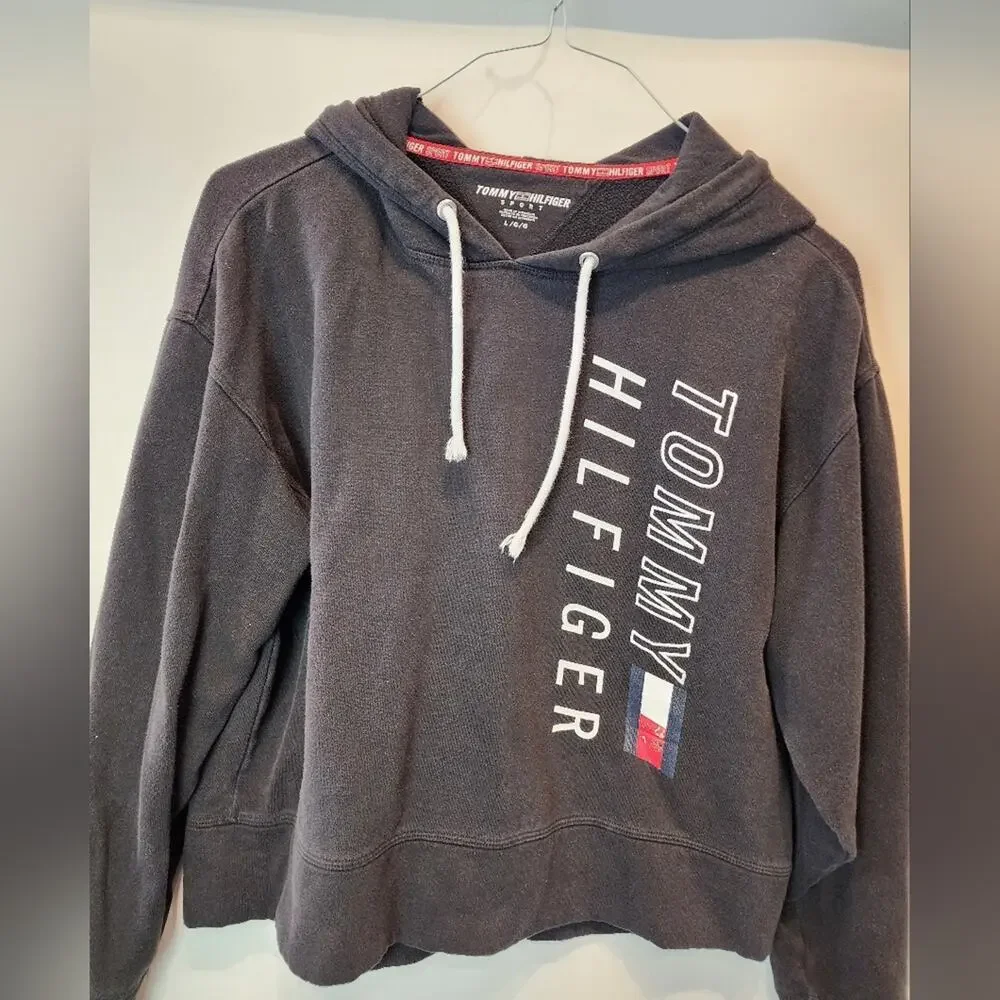 Vintage Tommy Hilfiger Black Hoodie Sweatshirt Pullover Casual Wear Women's Sz L